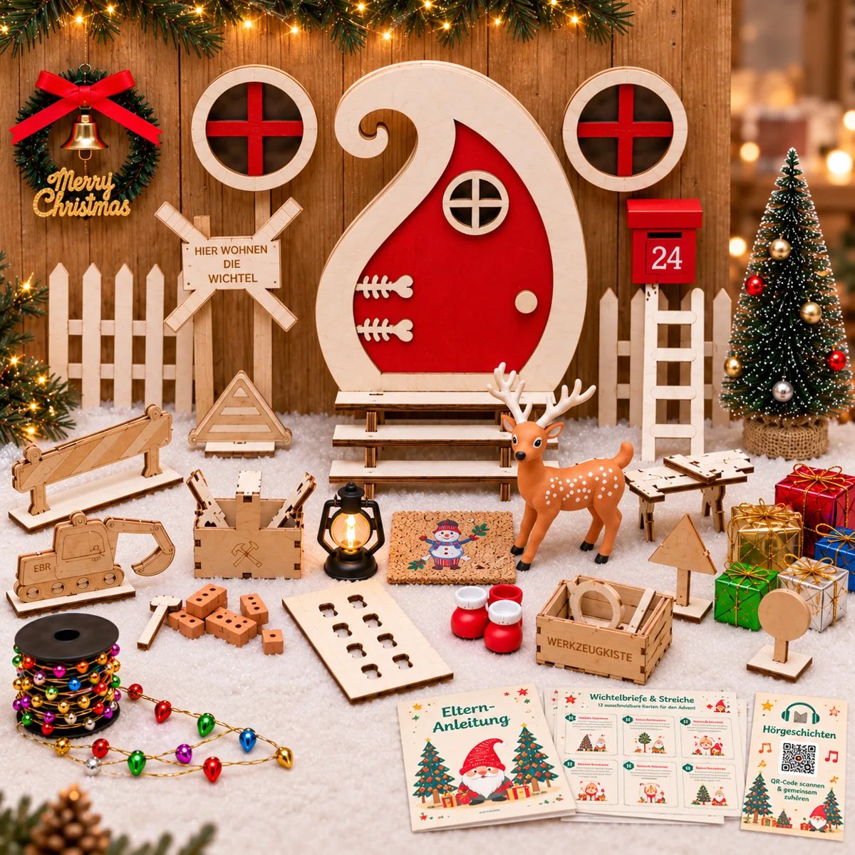 Weihnachtliche Wichtelwelt mit Miniaturtür und Lichtern